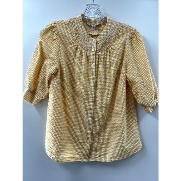 Boden Women's Yellow White Cotton Check Short Sleeve Button Front Blouse Size 2 - Picture 1 of 10